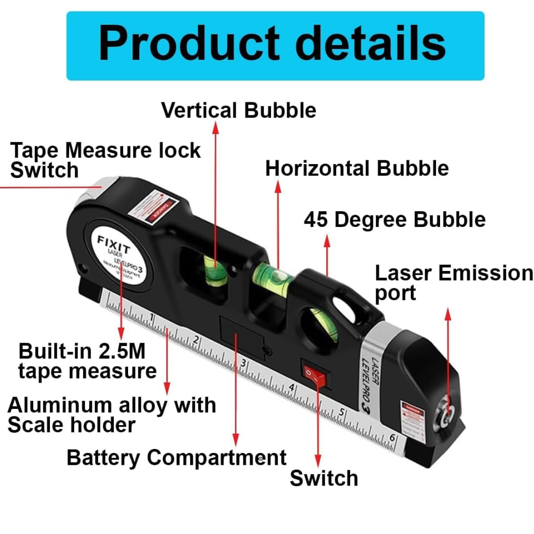 4 in 1 Fixit Laser Level Pro 3 4in1 Multi-Purpose Measuring Tool With 8 Feet Tape