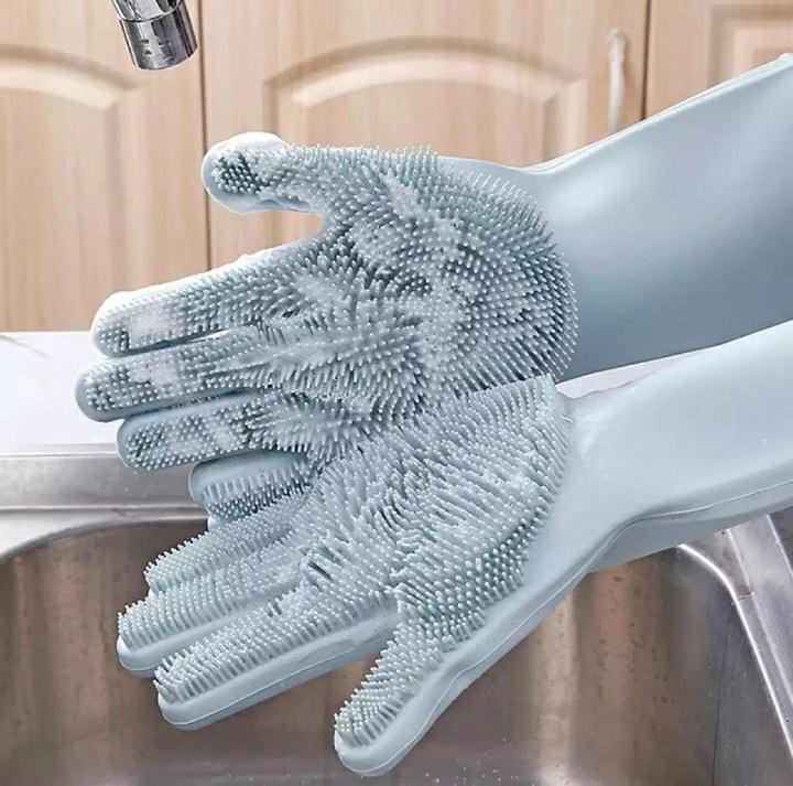 Silicone Magic Washing Gloves Pair with Scrubber for Kitchen