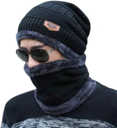 Winter Woolen Beanie Cap & Neck Warmer Combo – Stylish Head & Neck Protection for Men & Women (Random Color) – Free Delivery!