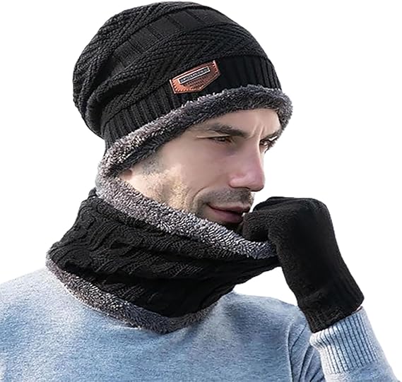 Winter Woolen Beanie Cap & Neck Warmer Combo – Stylish Head & Neck Protection for Men & Women (Random Color) – Free Delivery!